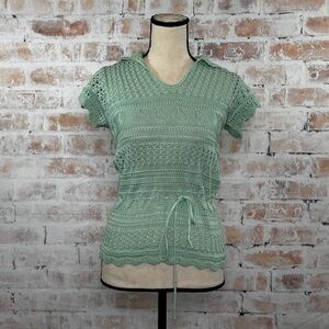True Vintage 1970s Mint Green Crochet Knit Drawstring Waist Pullover Sweater Top